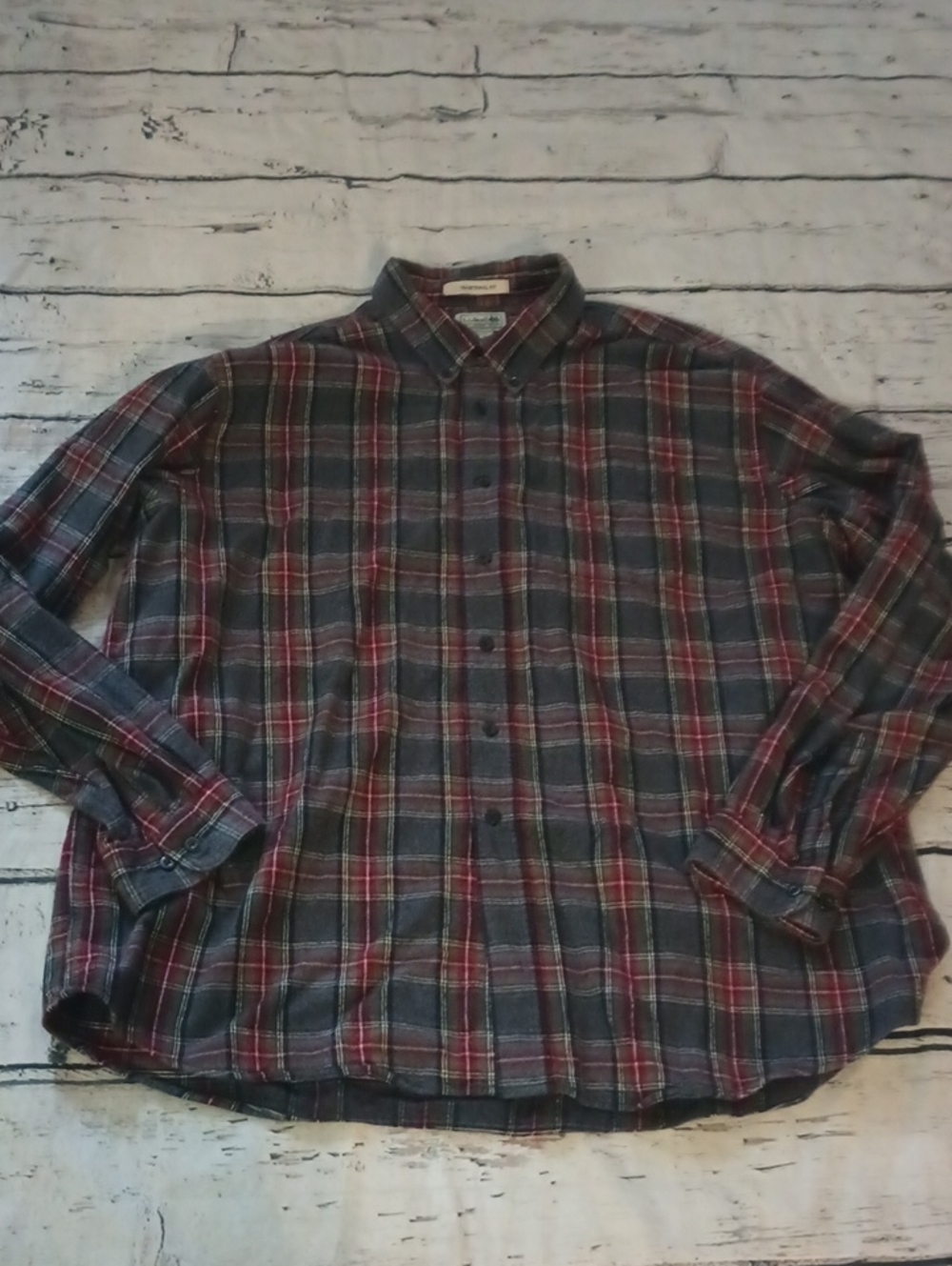 LL Bean Men's Traditional Fit Gray Red  Cotton Flannel Long Sleeve Shirt XXL